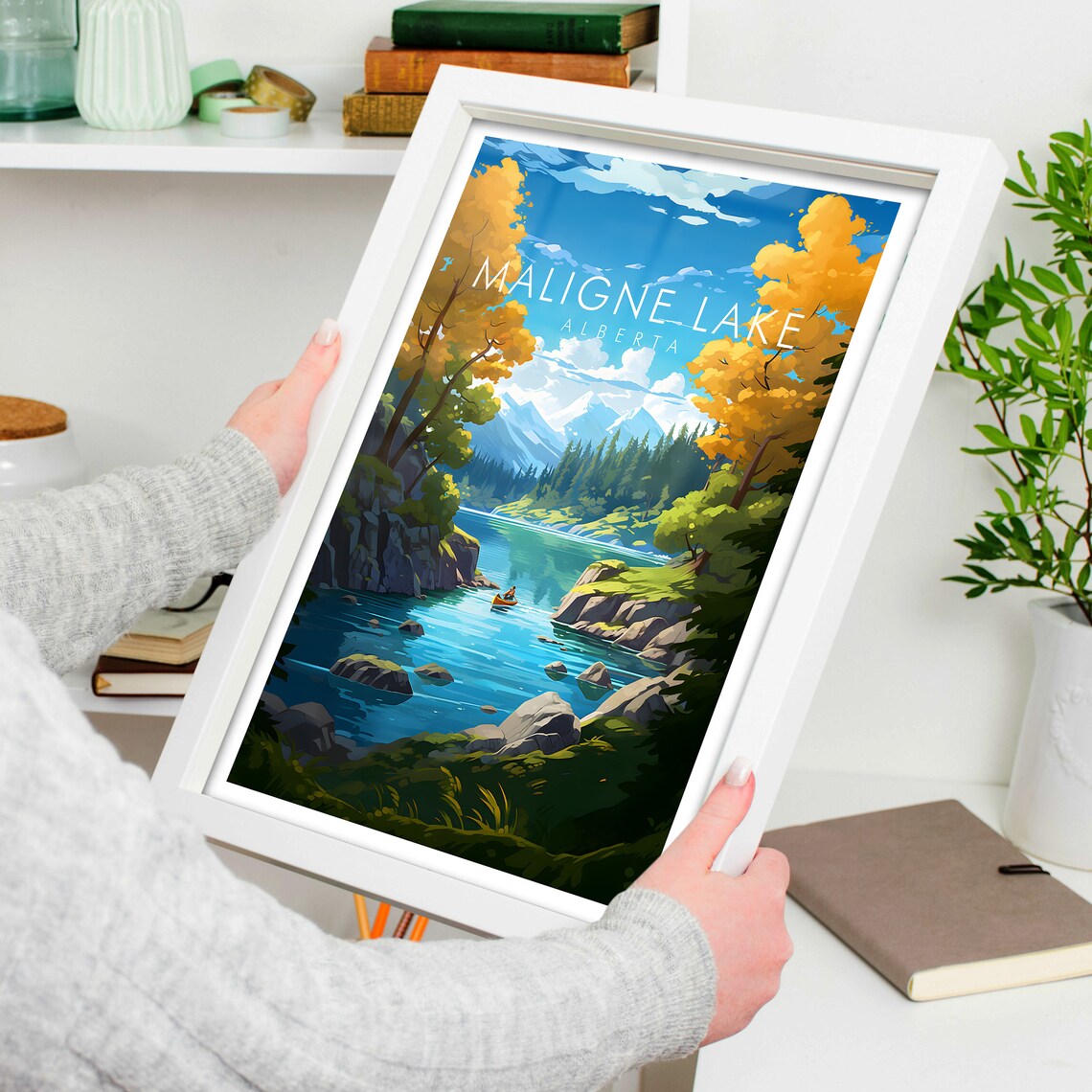 Maligne Lake Alberta Golden Autumn Kayak Mountain Scene Poster - Image 4