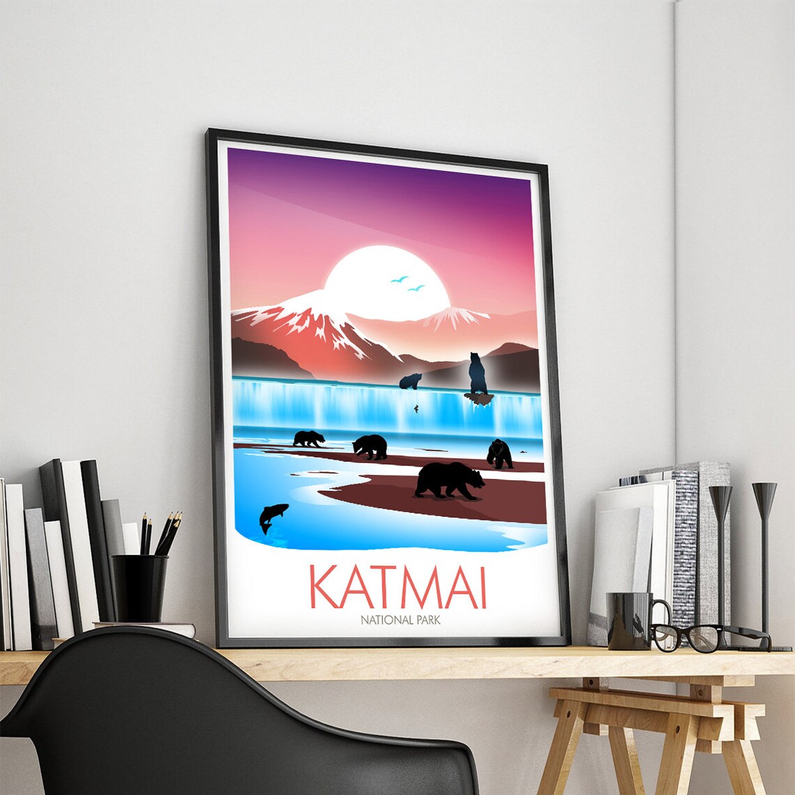 Katmai National Park Alaska Bears Salmon Fishing Falls Poster - Image 4