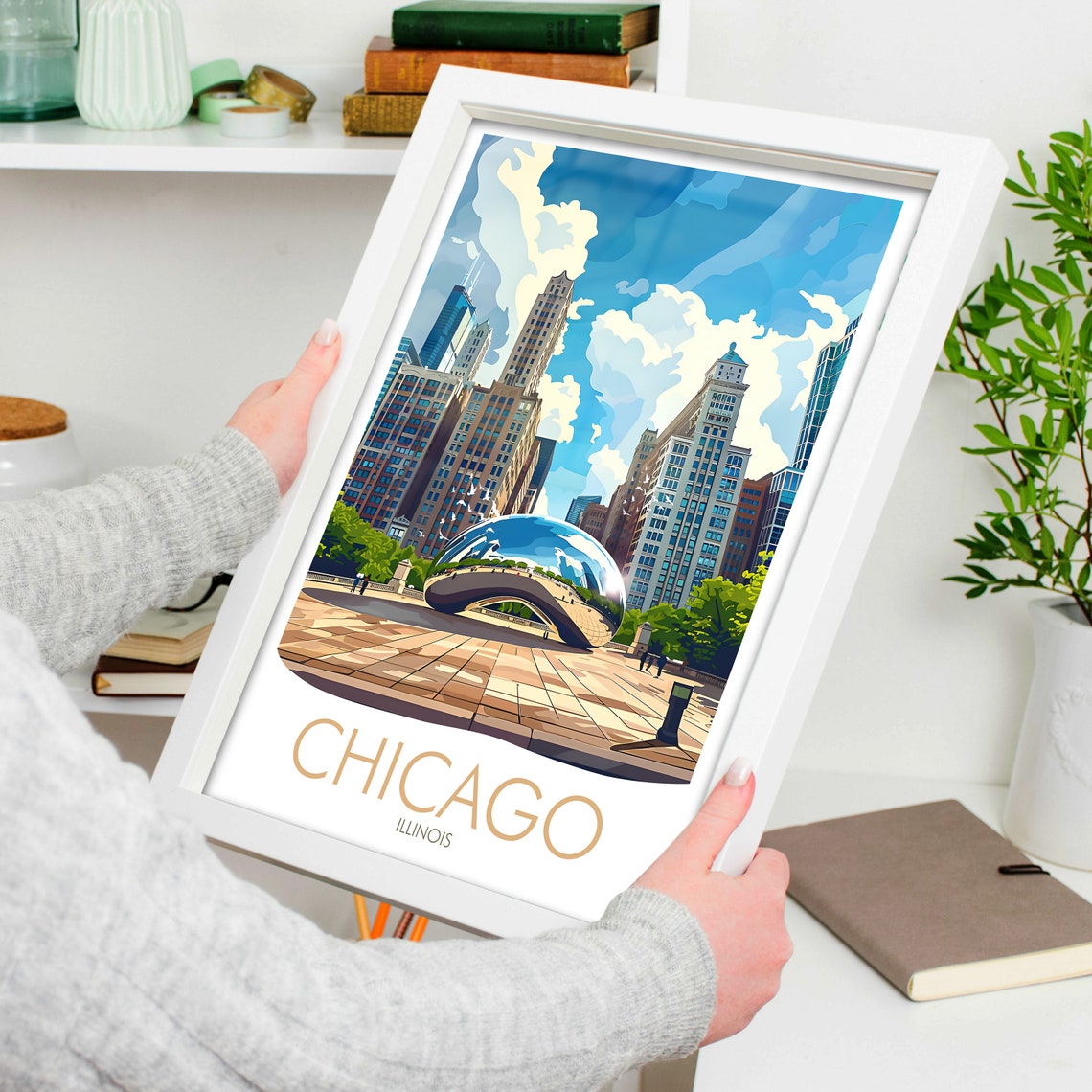 Chicago Illinois Cloud Gate Sculpture Modern Skyline Art Poster - Image 4