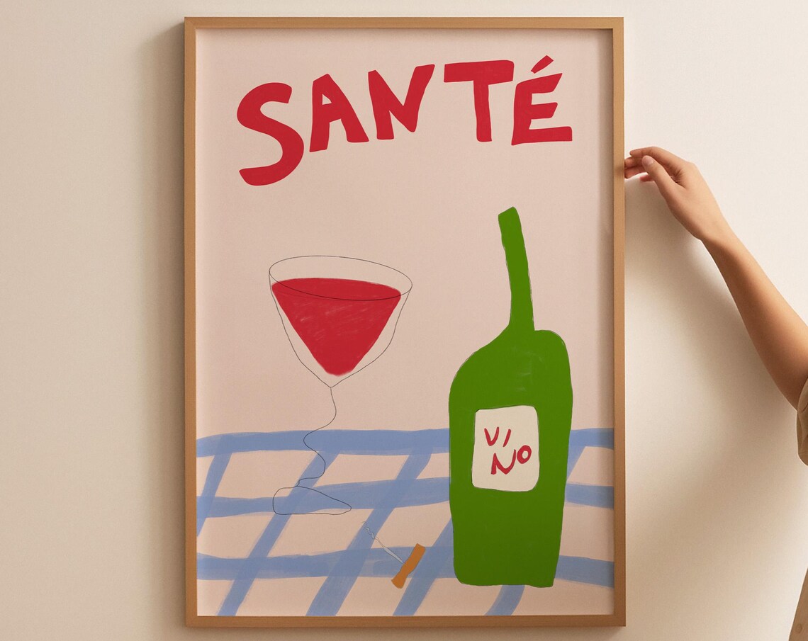 Santé Red Wine Glass With Green Vino Bottle On Picnic Cloth Poster