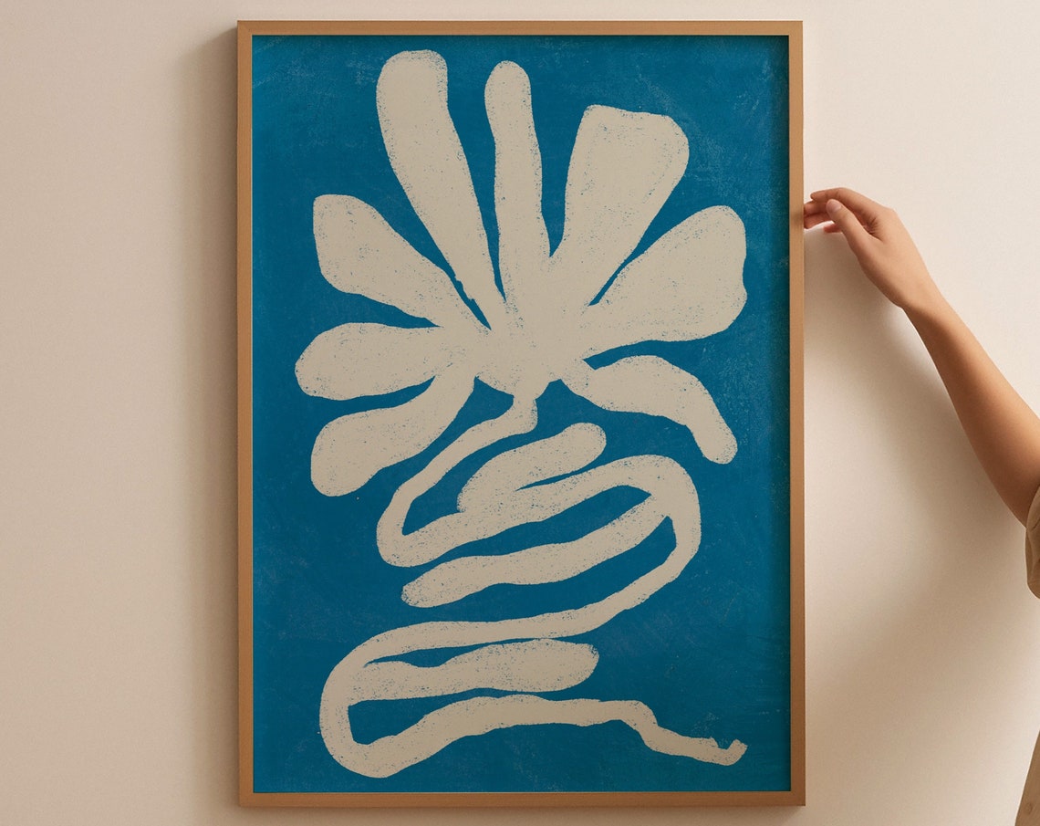 Cream Sea Flower With Curled Stem On Deep Teal Blue Art Poster