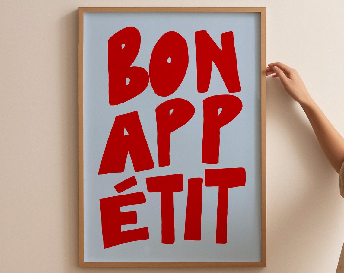 Bon Appetit Bold Red Letters Light Blue French Kitchen Poster