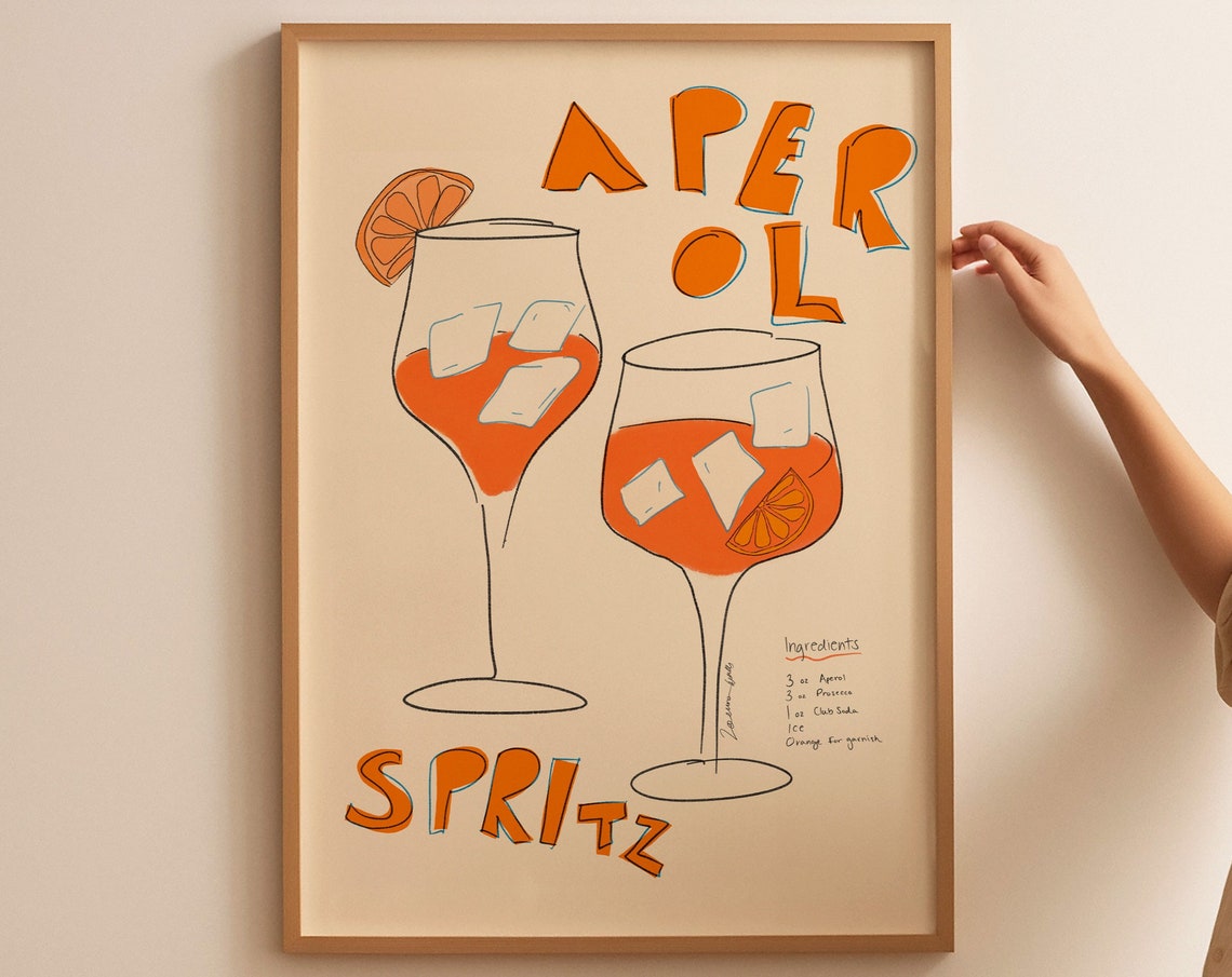 Aperol Spritz Recipe Retro Cocktail Illustration Two Glasses Poster
