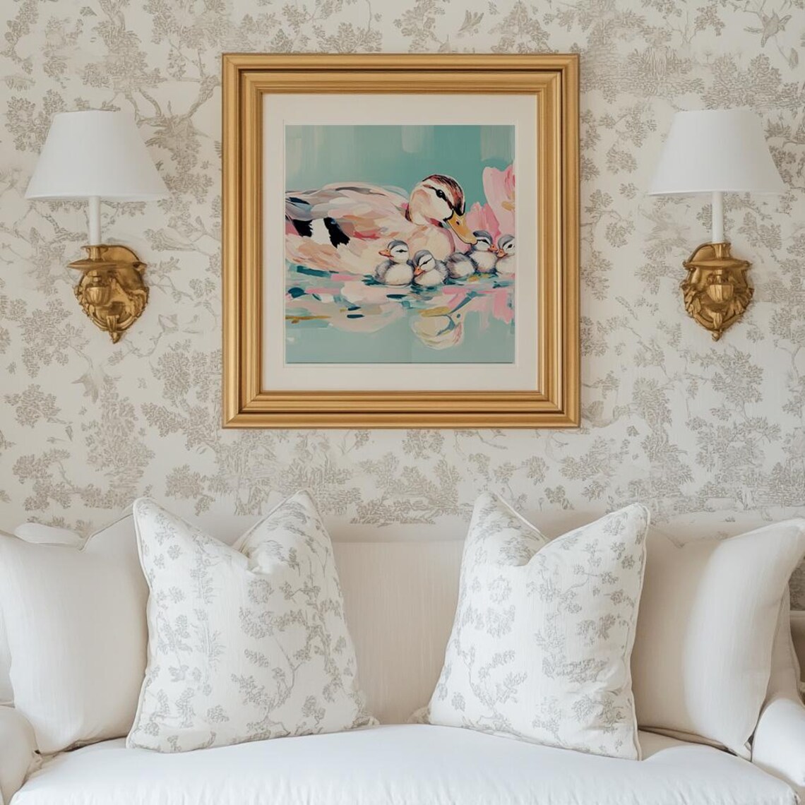Mother Duck With Ducklings Swimming In Teal Water Pastel Art Poster - Image 4