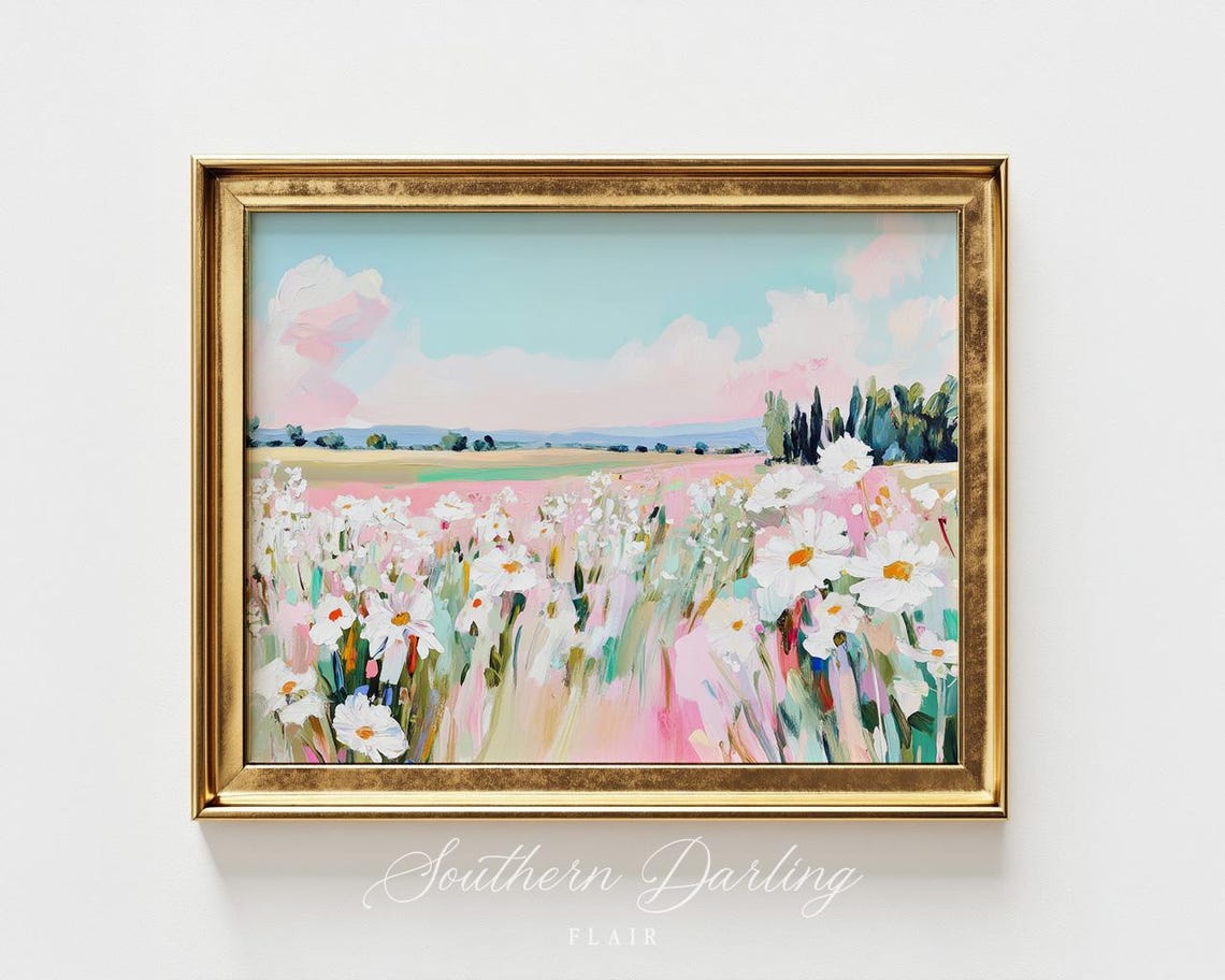 Pastel Wildflower Meadow Daisy Field Spring Landscape Art Poster