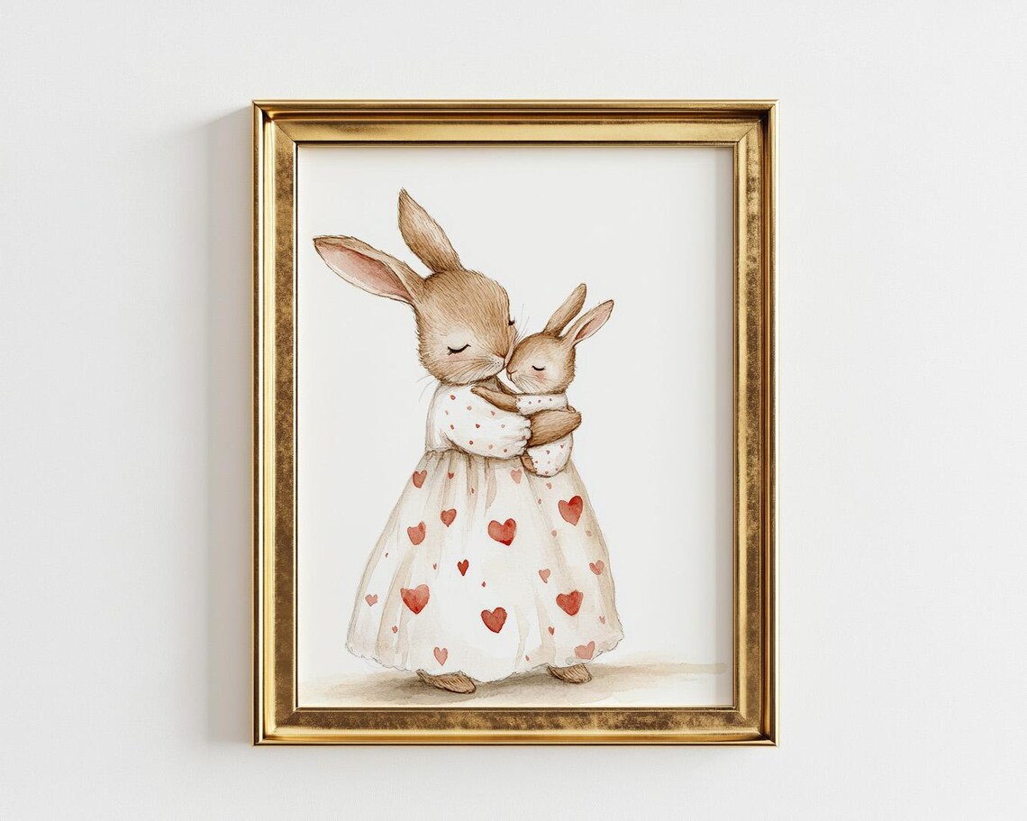 Mama Rabbit Hugging Baby Bunny Heart Dress Nursery Watercolor Poster