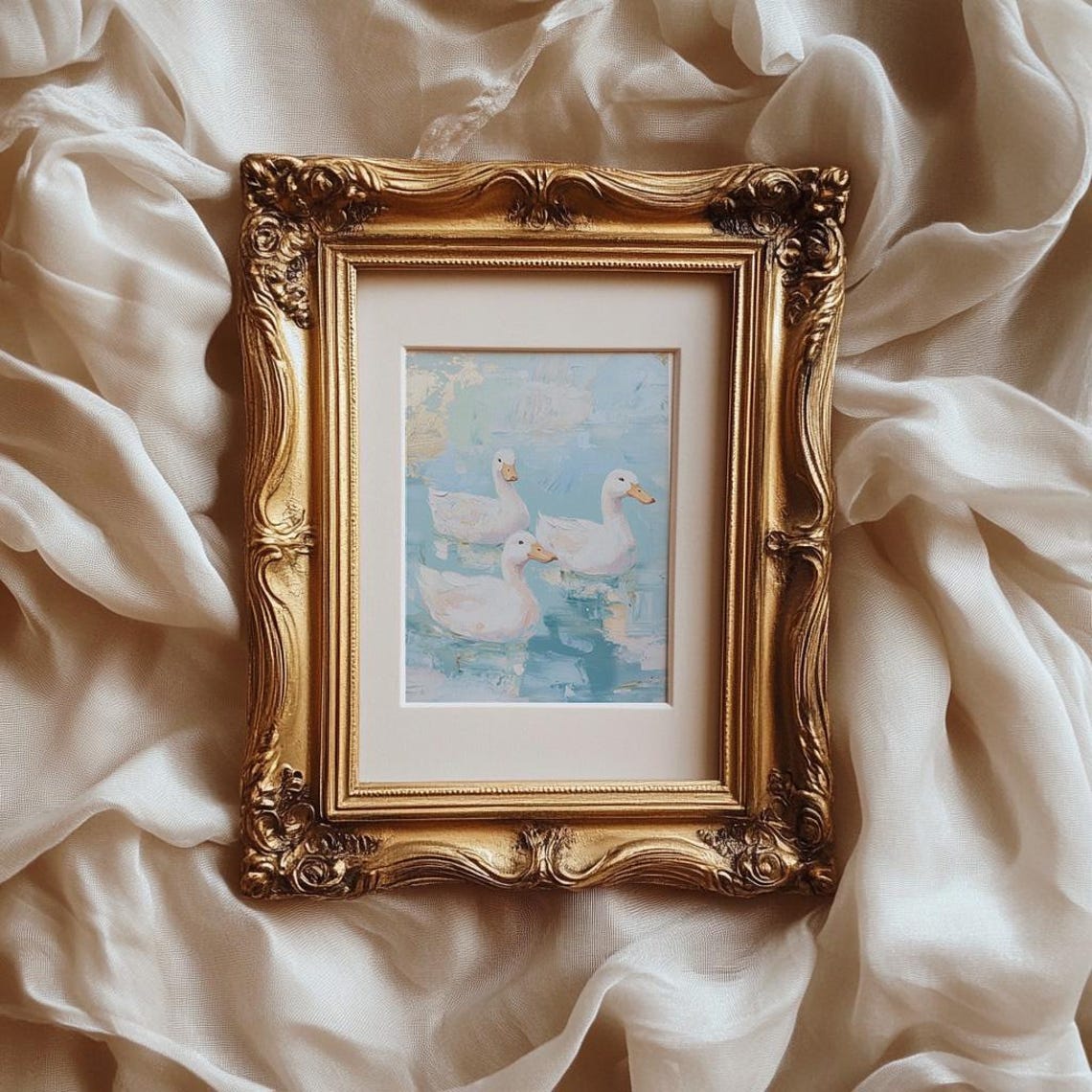 Three White Ducks On Blue Water Pastel Duck Pond Painting Poster - Image 2