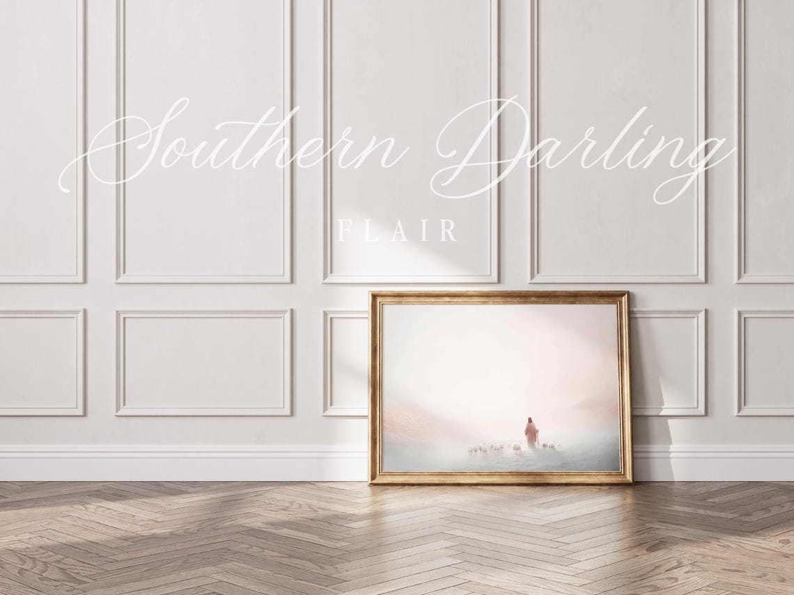 Jesus The Good Shepherd Leading Sheep Through Soft Morning Mist Poster - Image 2