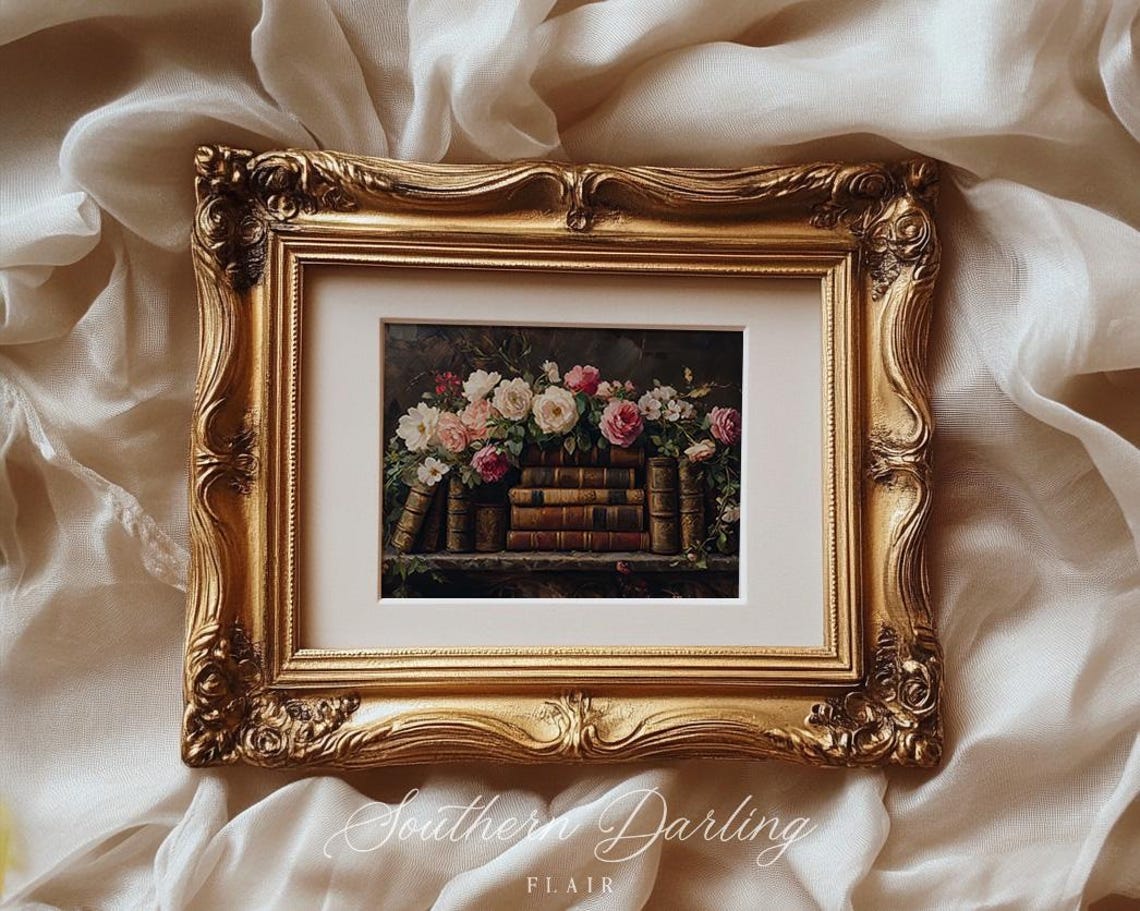 Old Books On Shelf With Trailing Roses Dark Floral Still Life Poster - Image 2