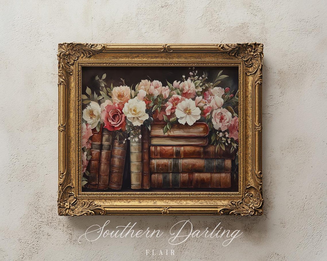 Vintage Books Stack With Pink Roses Dark Floral Library Art Poster - Image 2