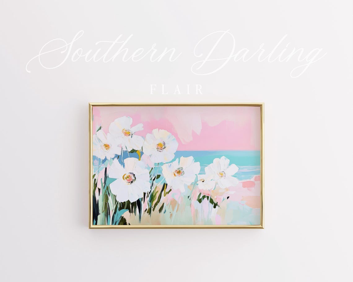 White Wildflowers By The Ocean Pink Sky Coastal Floral Art Poster - Image 2