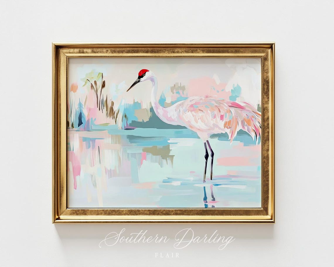 Sandhill Crane Wading In Pastel Pink And Teal Wetland Art Poster