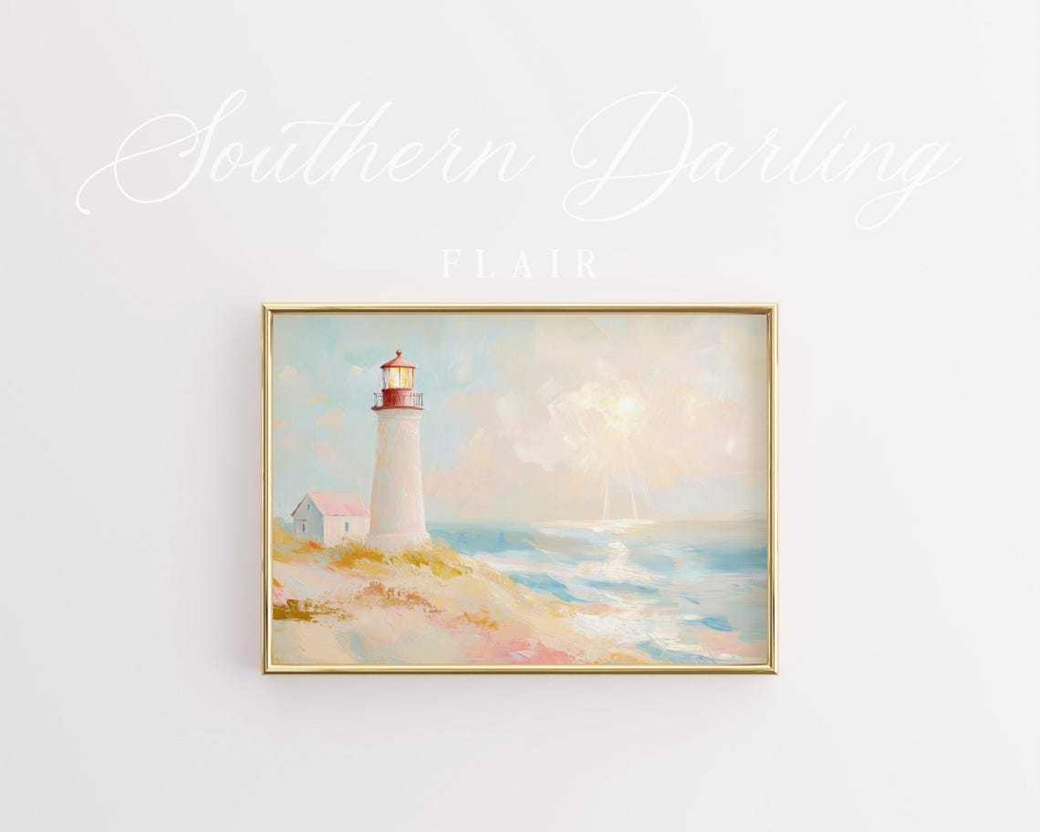 White Lighthouse On Coastal Cliffs Pastel Sunrise Ocean Scene Poster - Image 3