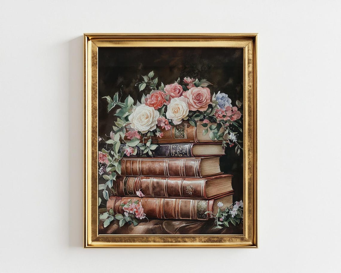Stack Of Vintage Books With Pink Roses Dark Moody Library Poster