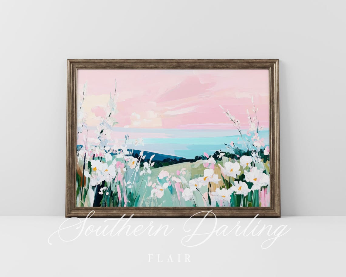 White Wildflowers Meadow Under A Pink Sky Pastel Landscape Poster - Image 4