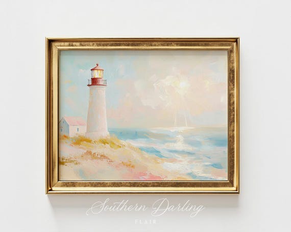 Lighthouse On Coast Painting Art Beach House Art Office Living Room Coastal Decor Fisherman Core