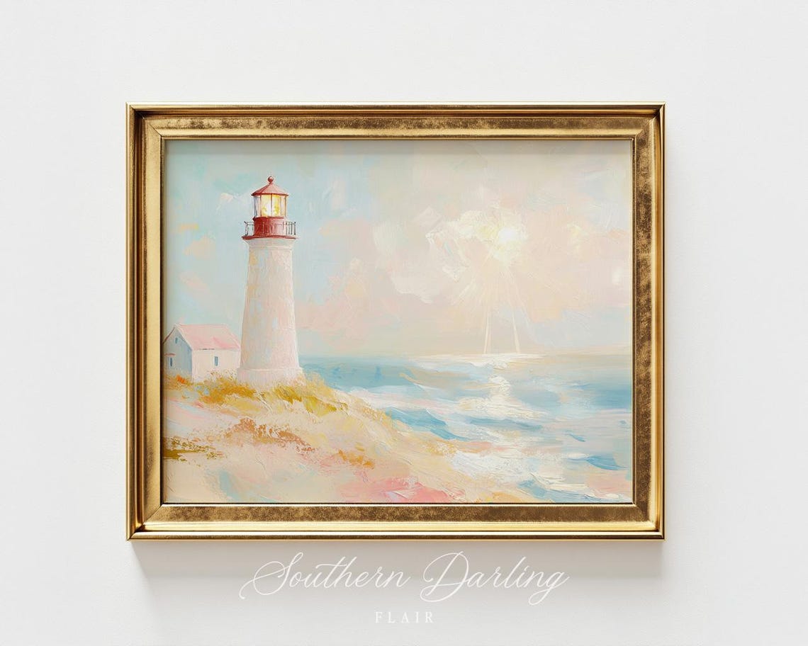 White Lighthouse On Coastal Cliffs Pastel Sunrise Ocean Scene Poster