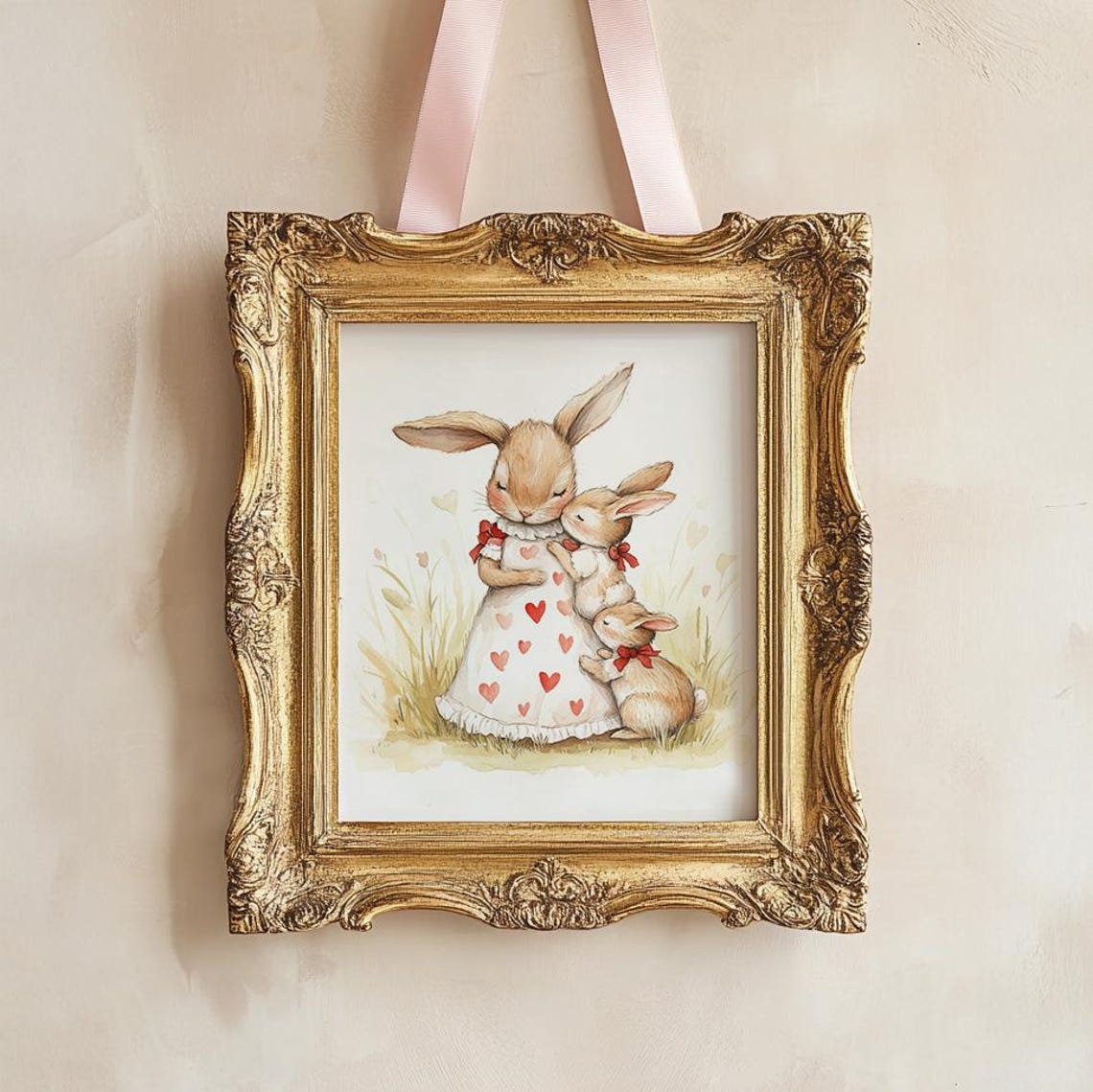 Mama Bunny Hugging Baby Rabbits Red Bow Nursery Watercolor Poster - Image 3