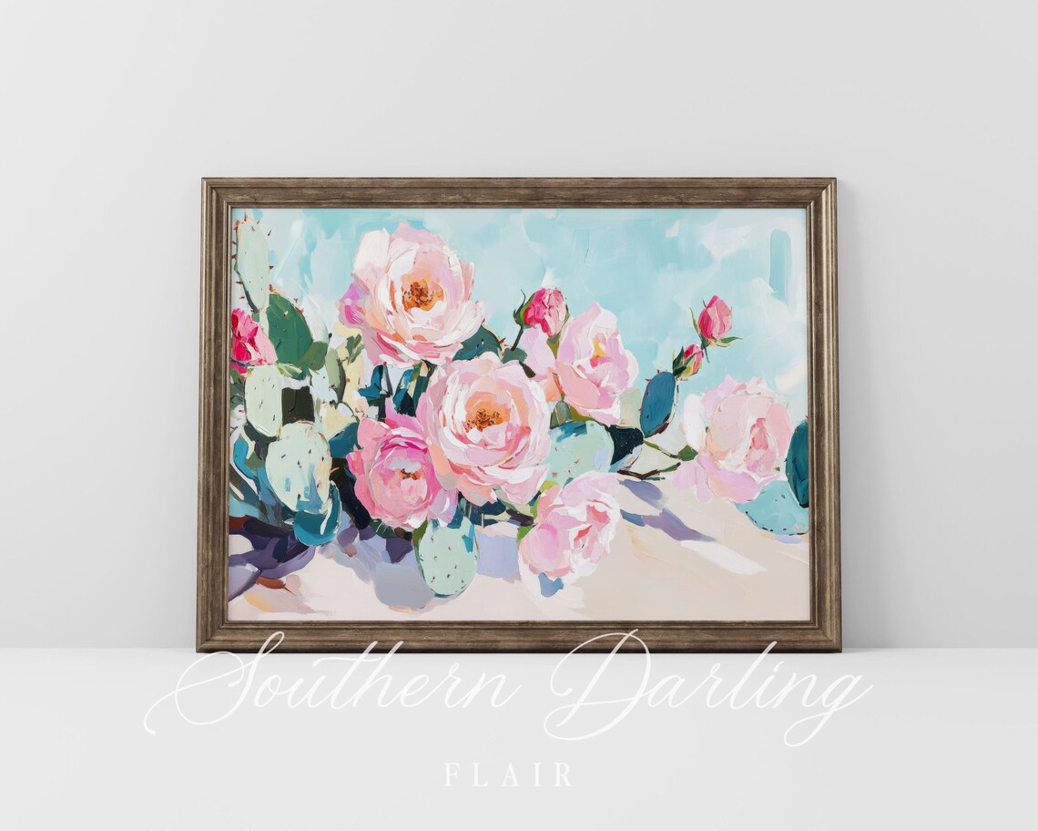 Pink Roses With Prickly Pear Cactus Pastel Floral Oil Painting Poster - Image 5