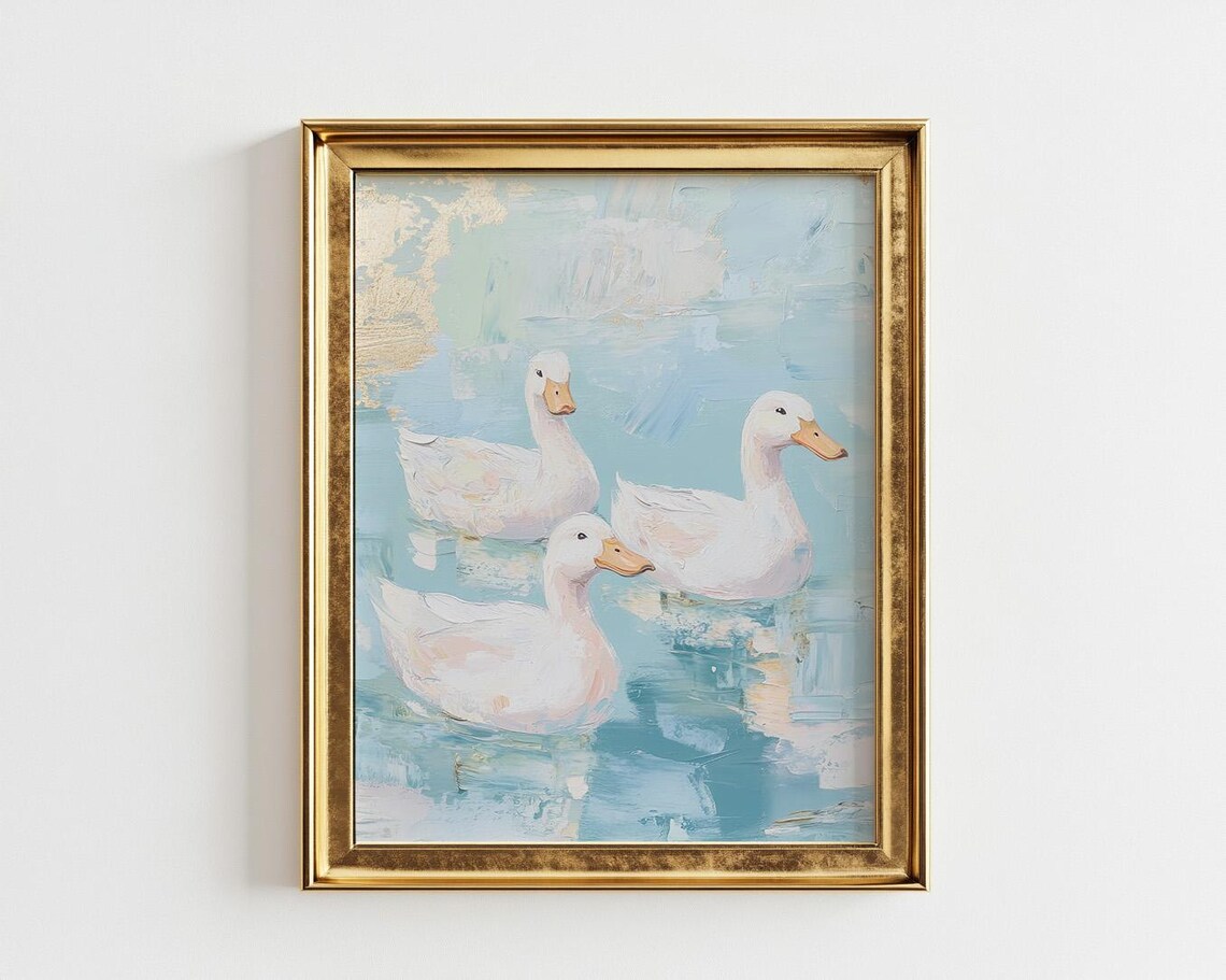 Three White Ducks On Blue Water Pastel Duck Pond Painting Poster