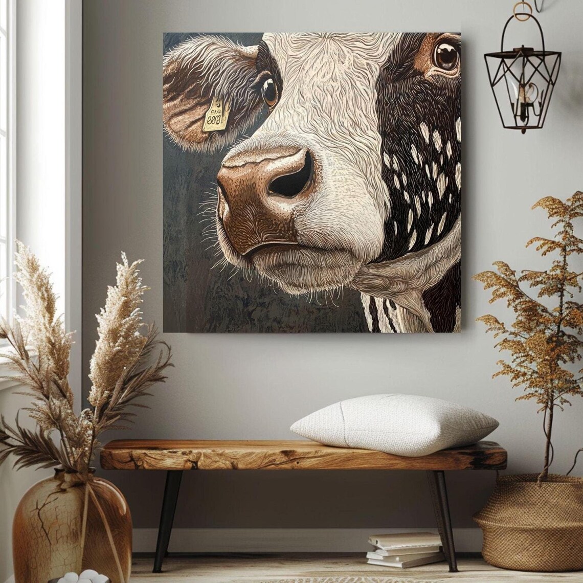Cow Portrait Close Up Black White Farm Animal Rustic Detailed Print