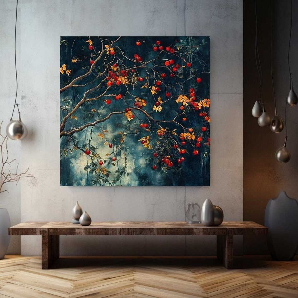 Autumn Tree Branches With Red Berries Dark Teal Botanical Wall Poster