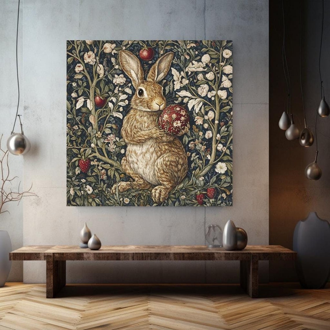 William Morris Style Rabbit Easter Egg Strawberry Garden Poster