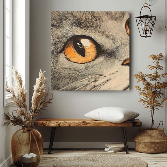 Striking Amber Cat Eye Close Up Realistic Feline Portrait Art Print