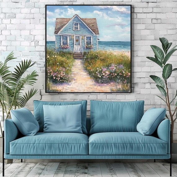 Weathered Blue Beach Cottage Sandy Path Wildflowers Seaside Poster