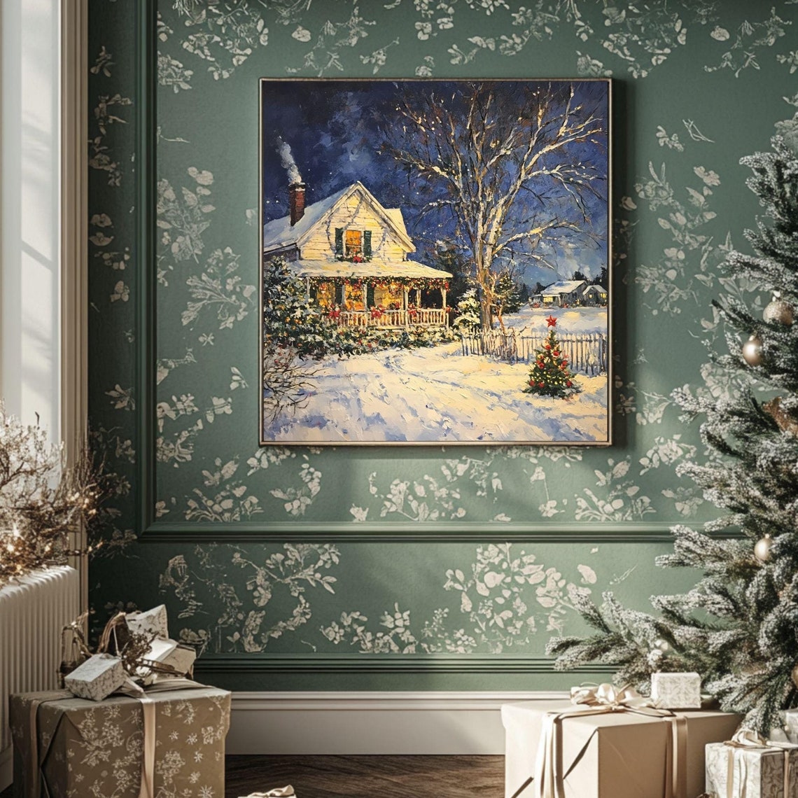 Snowy Christmas Farmhouse Night Glowing Windows Winter Scene Poster