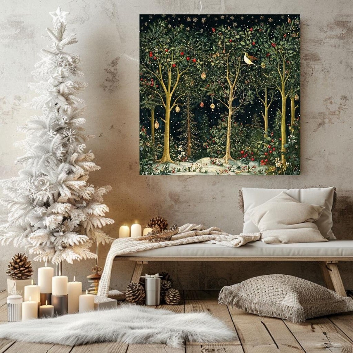 Magical Christmas Forest Night Golden Trees Birds Starry Sky Poster