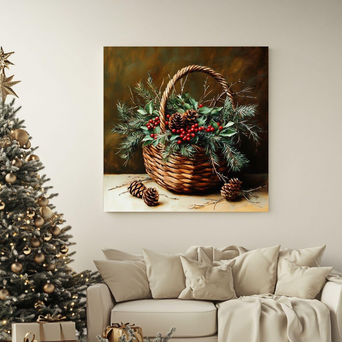 Christmas Basket Pine Berries Pinecones Cozy Holiday Still Life Poster
