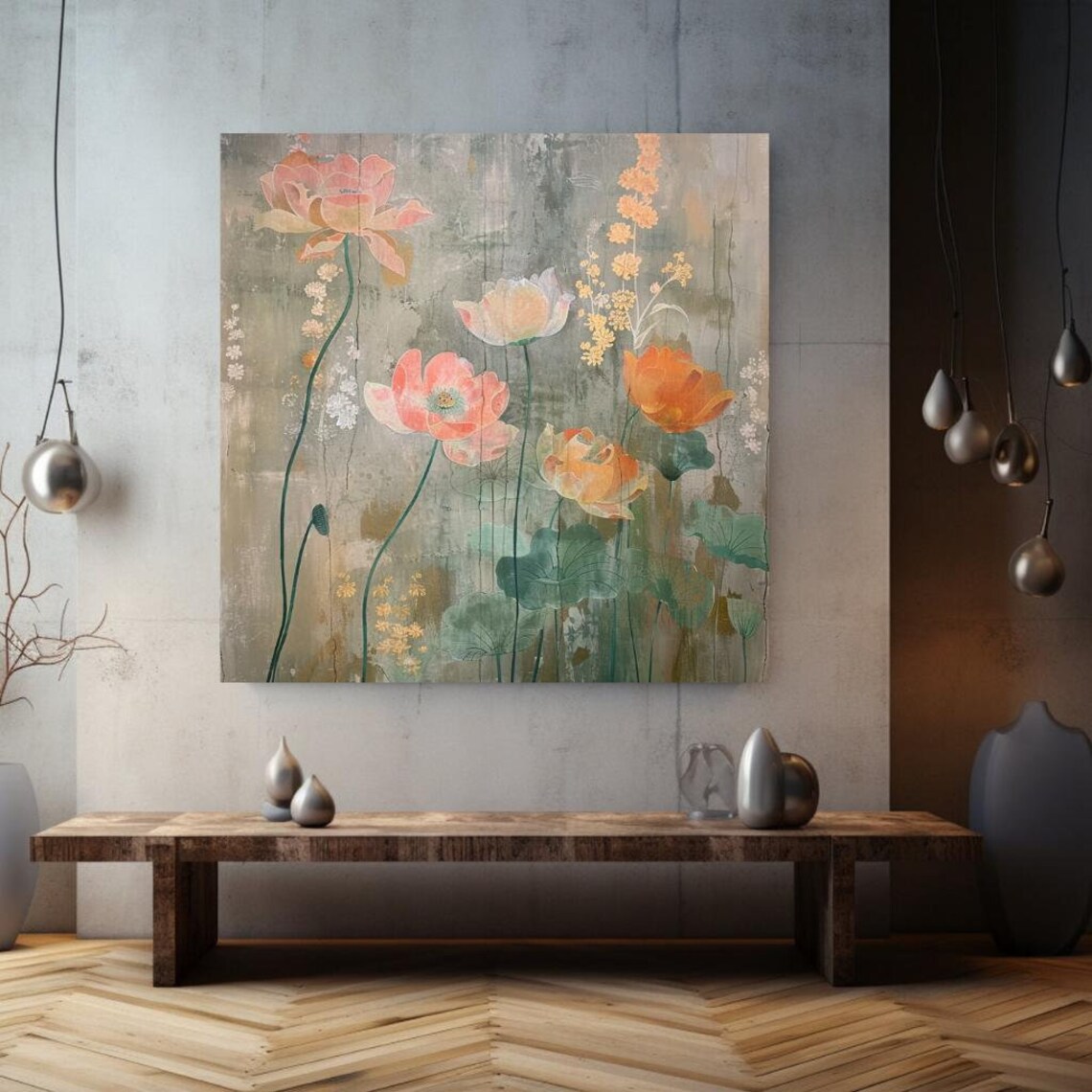 Pastel Floral Japandi Painting Coral Poppies Muted Sage Wall Art Print