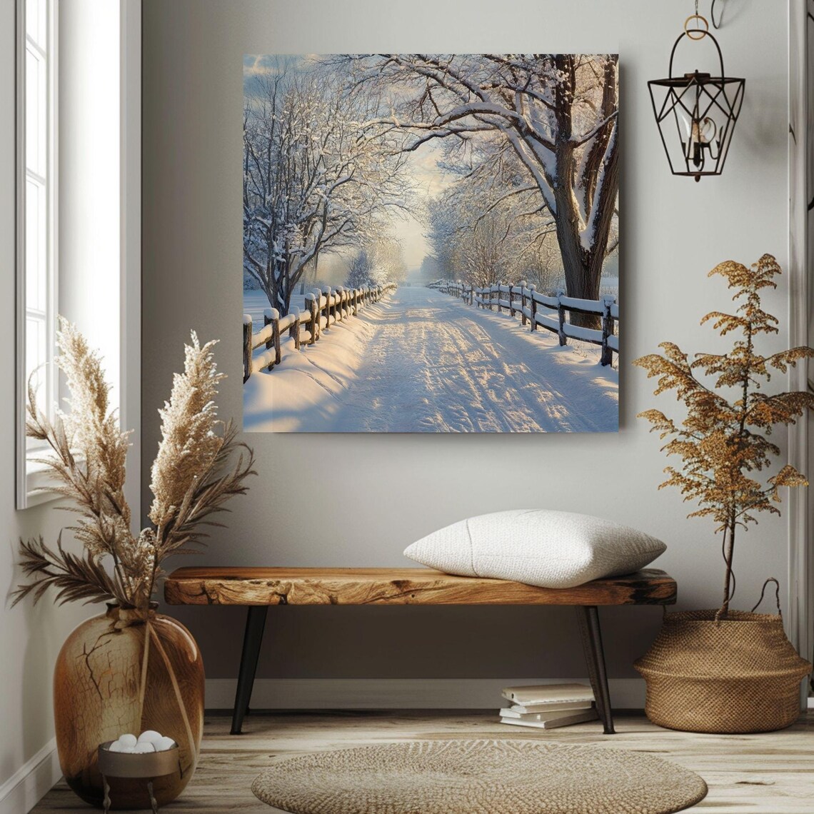 Snowy Country Lane Wooden Fences Winter Sunrise Landscape Poster