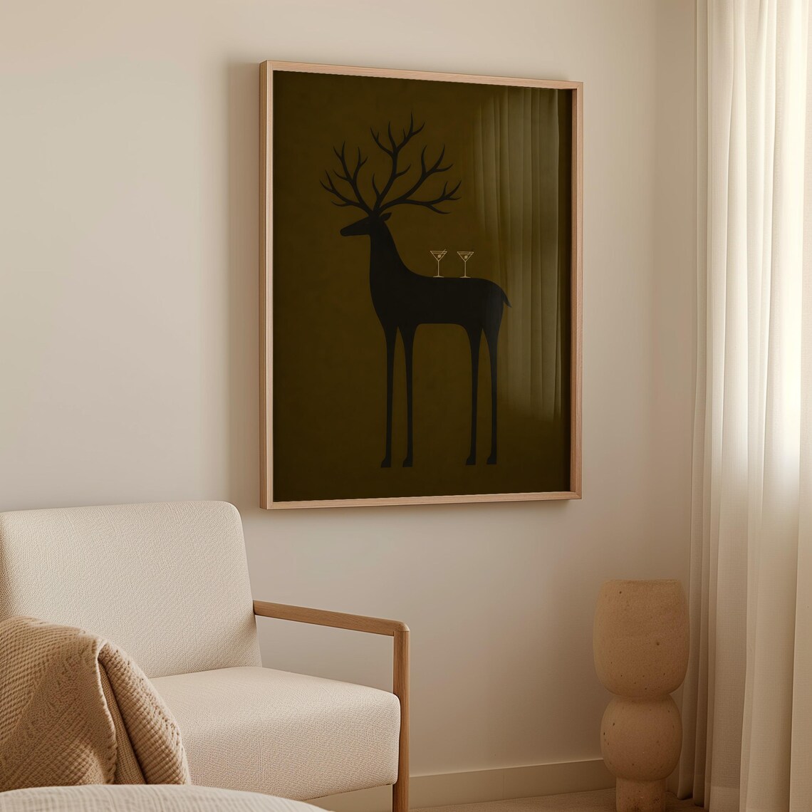 Abstract Reindeer Martini Glasses, Minimalist Rustic Art Print