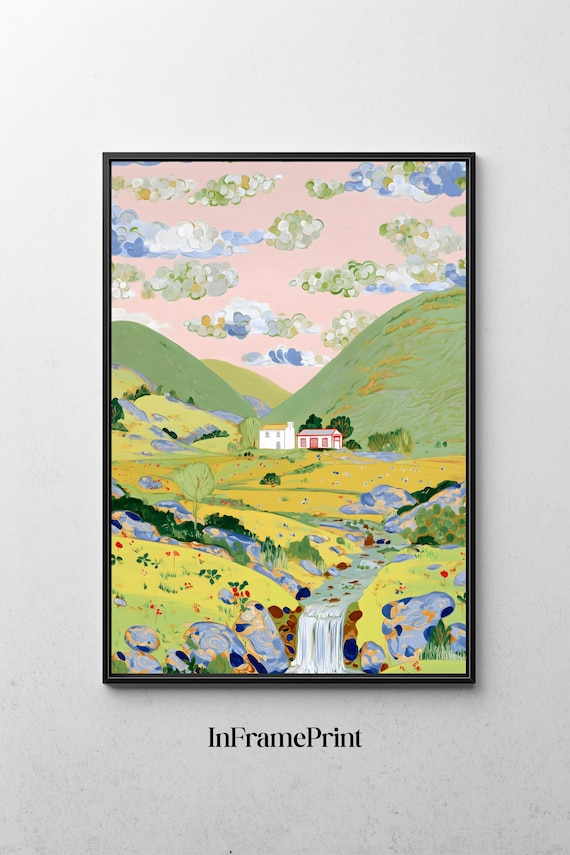 Colorful Folk Meadow Waterfall Cottage Pastel Landscape Poster