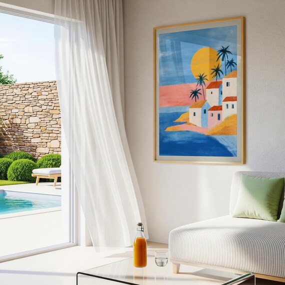 Mediterranean Coastal Village Palm Trees Sun Ocean Travel Poster