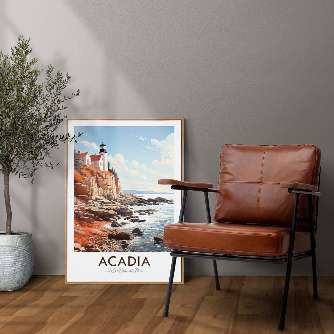 Acadia US National Park Lighthouse Rocky Coast Waves Travel Poster - Image 2
