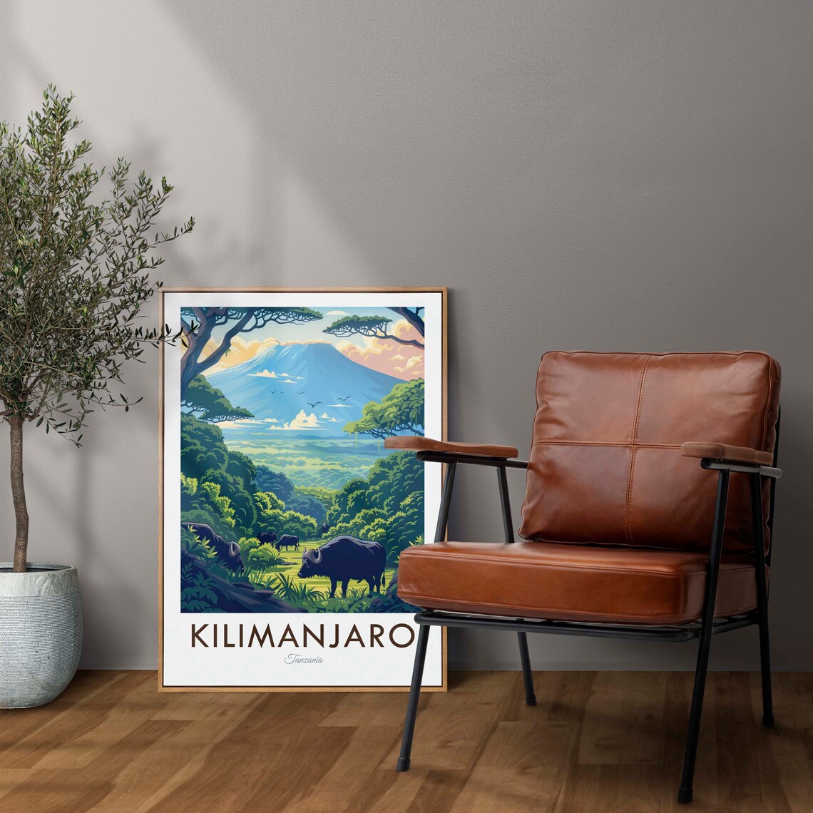 Kilimanjaro Tanzania Peak Above Acacia Forest Buffalo Scene Travel Poster - Image 2