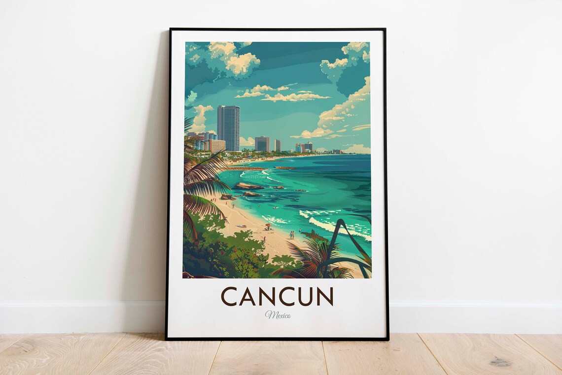 Cancun Mexico Hotel Zone Skyline Palm Beach Turquoise Water Travel Poster