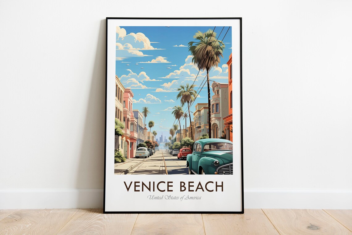 Venice Beach California Palm Street Classic Car Vintage Poster