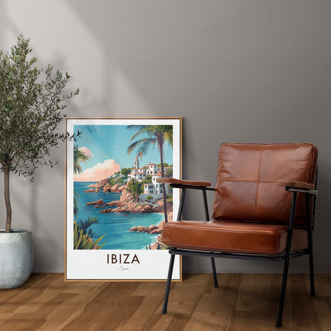 Ibiza Spain Turquoise Cove Whitewashed Village Vintage Travel Poster