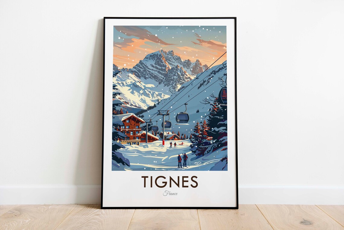 Tignes France Alpine Ski Resort Winter Sunset Gondola Snow Poster