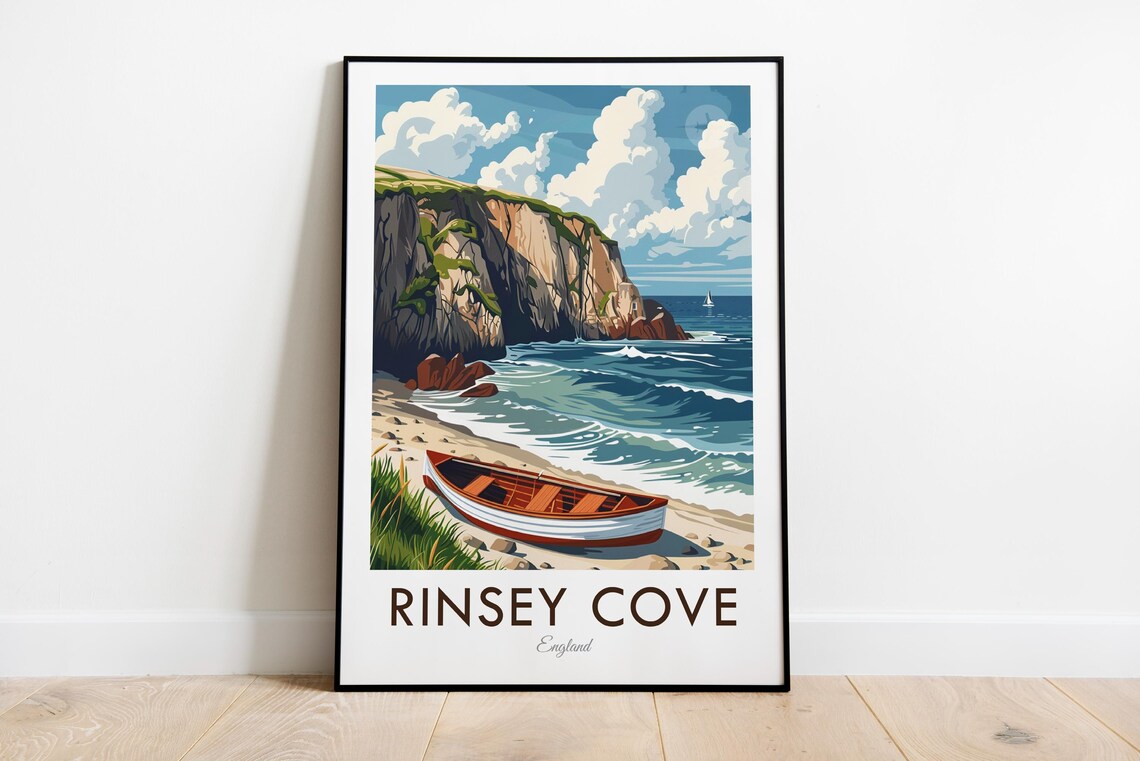 Rinsey Cove Cornwall England Cliffs Rowboat Vintage Travel Poster