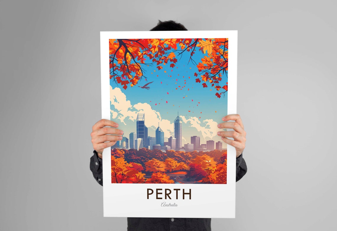 Perth Australia City Skyline Autumn Trees Waterfront View Poster - Image 2