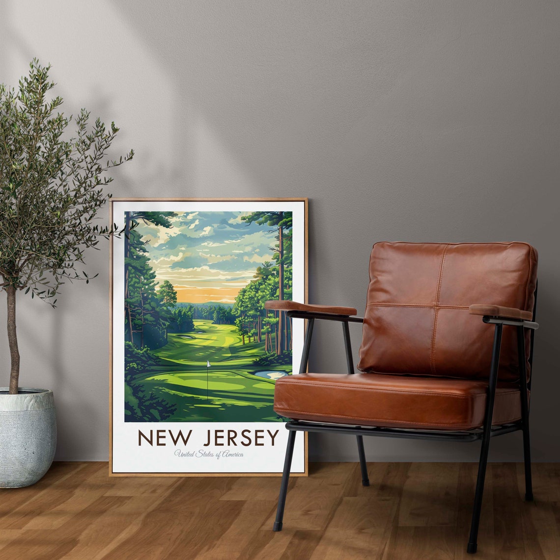 New Jersey Golf Course Sunset Flagstick Vintage American Travel Poster - Image 2