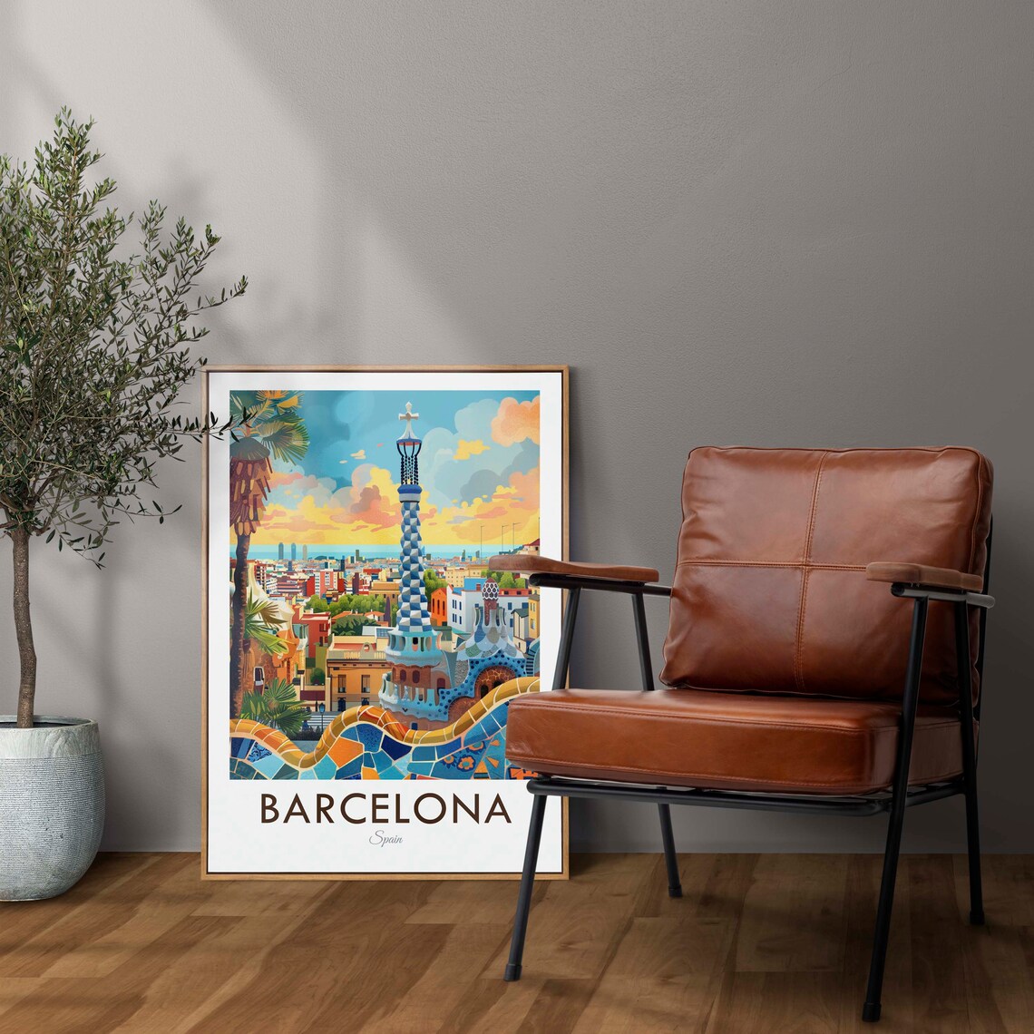 Barcelona Spain Vintage Park Guell Mosaic Terrace Gaudi Travel Poster - Image 2