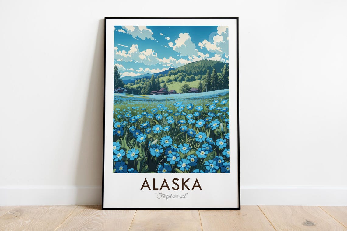 Alaska Forget-Me-Not State Flower Meadow Vintage Travel Poster