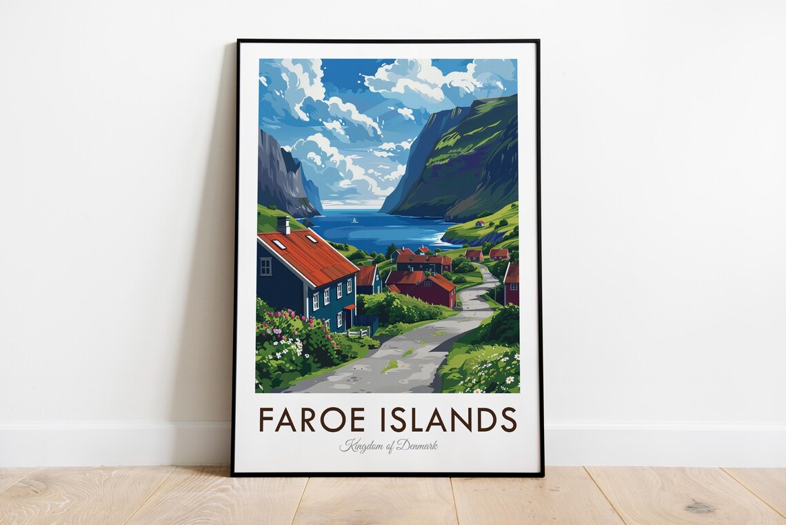 Faroe Islands Denmark Fjord Village Red Roofs Vintage Travel Poster