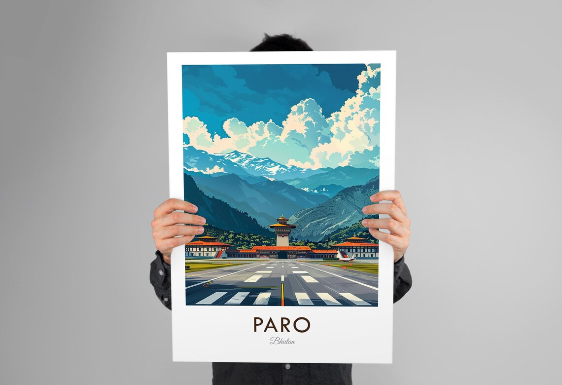 Paro Bhutan Vintage Airport Terminal Himalaya Mountains Travel Poster - Image 3